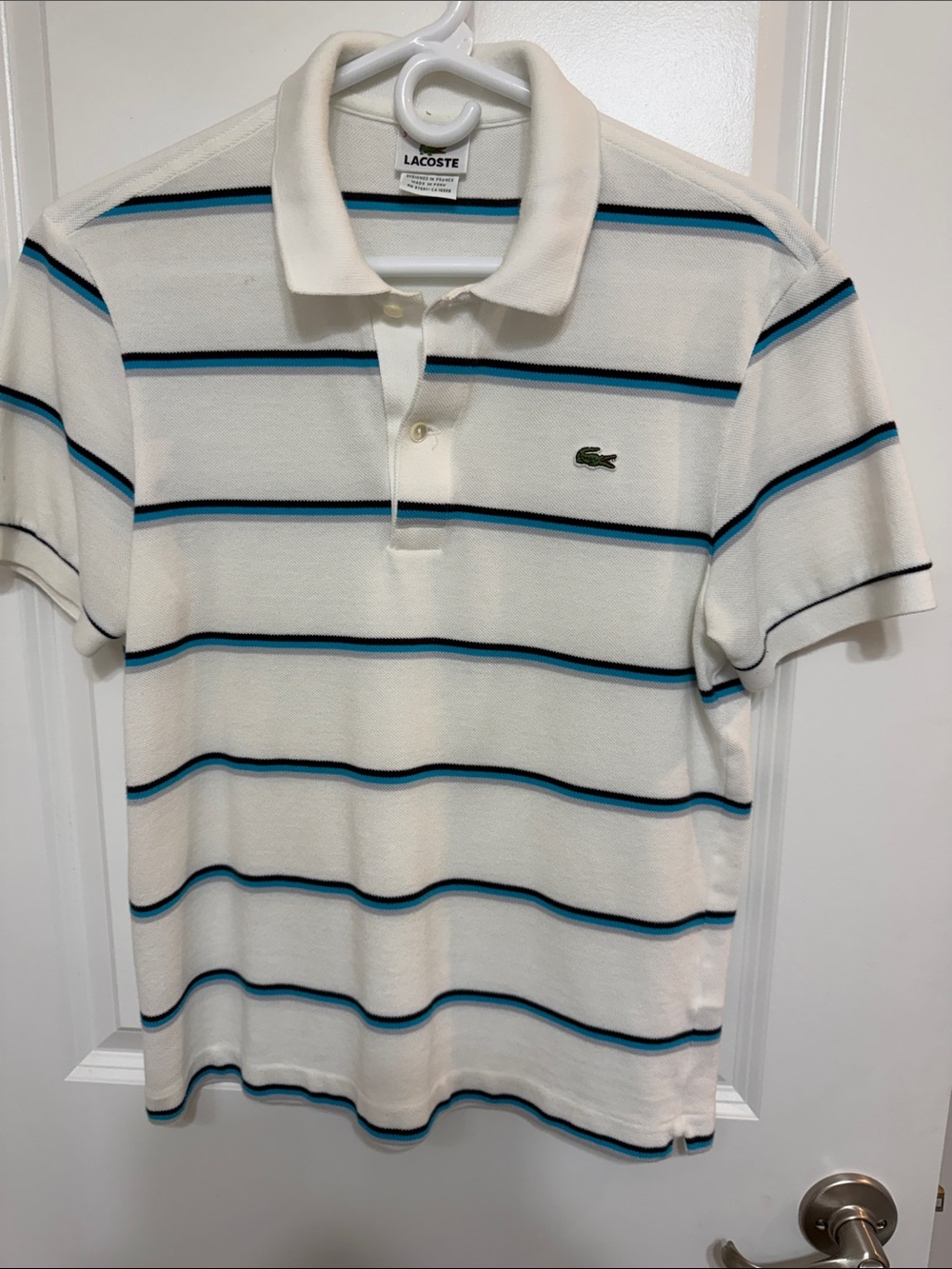 Lacoste Men’s White Polo with Blue and Black Stripes